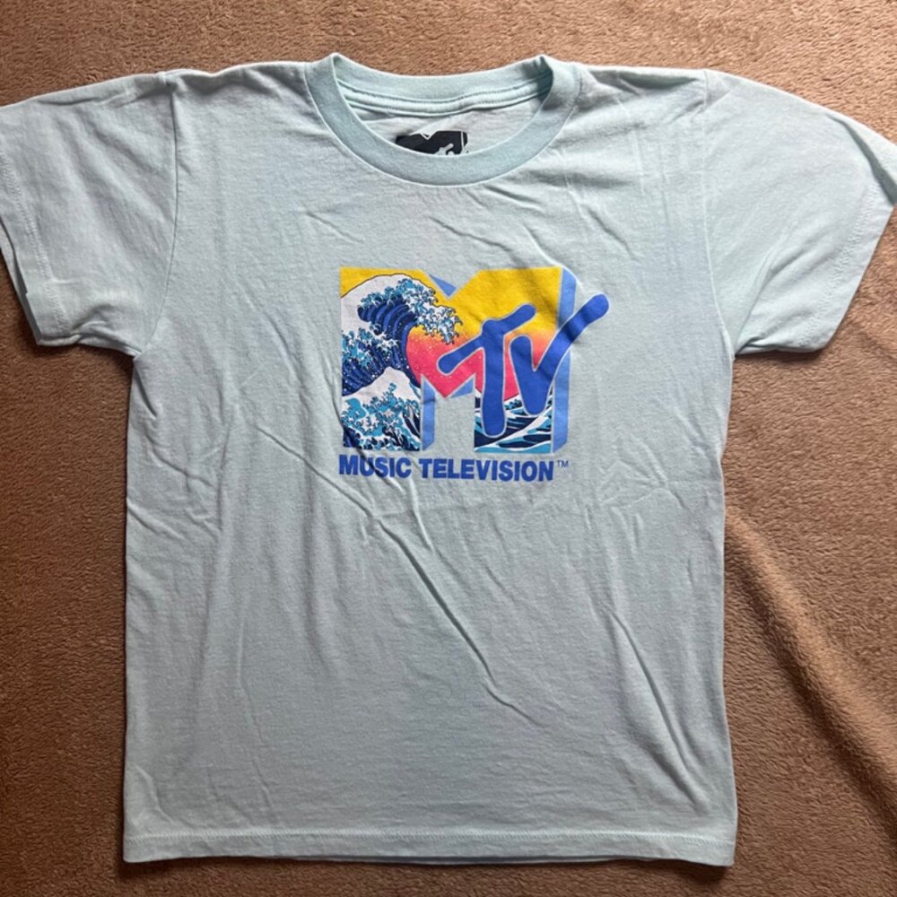 MTV Music Television Women Small Blue Water Waves Short Sleeve Logo Shirt